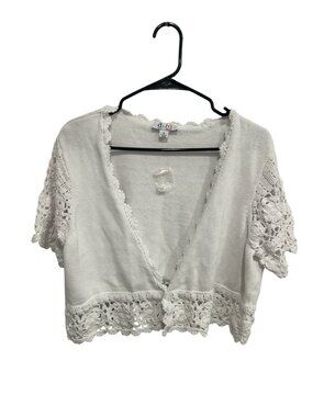 D&Co XL White Cropped Cardigan Crochet Sleeves Cottagecore Grandmacore